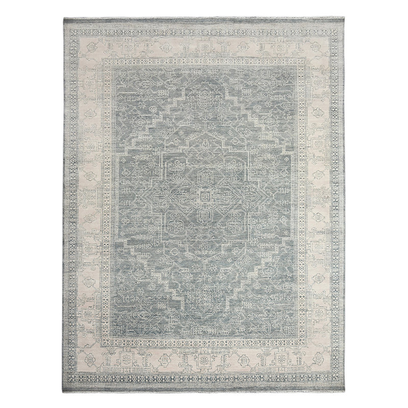 Tapis bleu en laine noué à la main Butner, Rectangle 9 pi x 12 pi