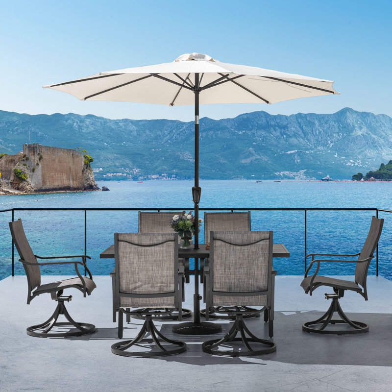 Ensemble de salle à manger 7 pièces pour patio avec trou pour parasol et chaises pivotantes, 7 pièces : table, 6 chaises