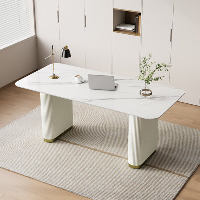 63“ Modern White Writing Table, Retacgular Desk With Glossy Sintered Stone Table Top, Double Roman Column Legs