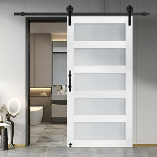 Glass Sliding MDF Barn Door with Sliding Door Hardware Kit,5 Tempered Frosted Glass, Big Wheel