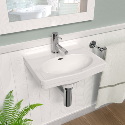 Whitehaus Collection 15" Rectangular Wall Mount Bathroom Sink With An Integrated Oval Bowl, Low-Rise Backsplash, Single Faucet Drilling And Overflow