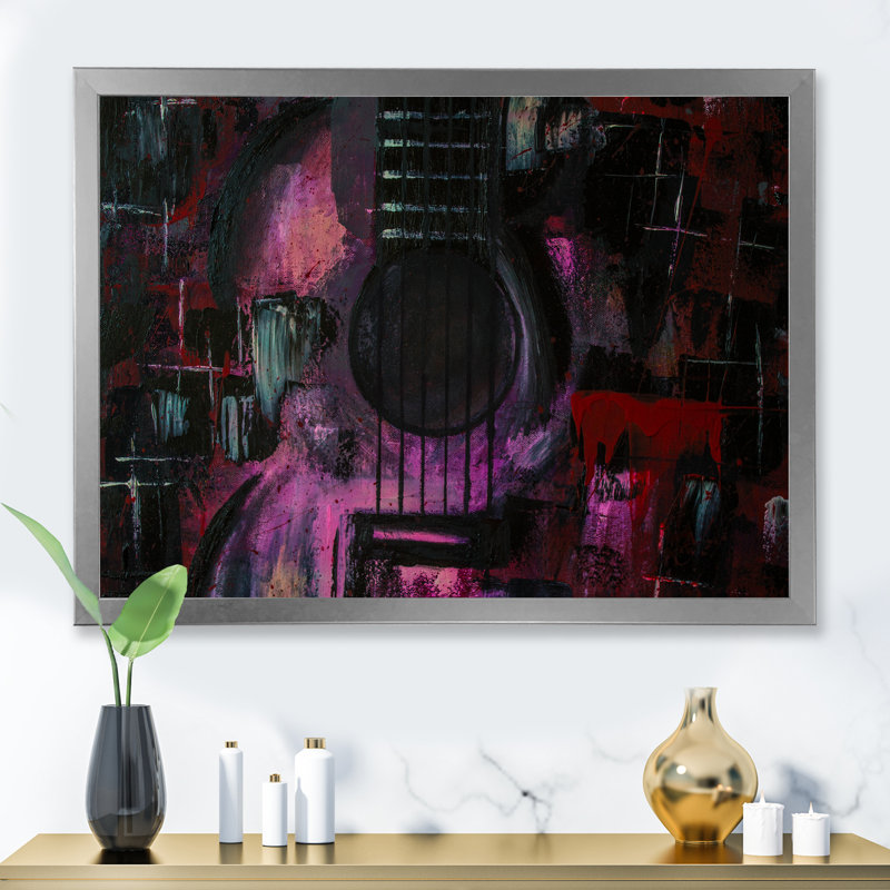 «Purple Music Guitare Ii», reproduction d'art sur toile moderne, H 30 po x l 40 po x P 1,5 po, Cadre photo argenté