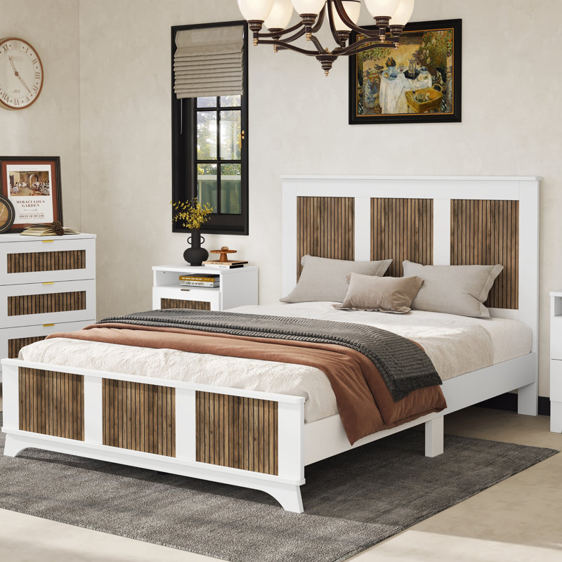 Grand lit plateforme en bois, blanc avec bande, lattes en contreplaqué, capacité de charge de 700 lb, sans splendeur de sommier moderne