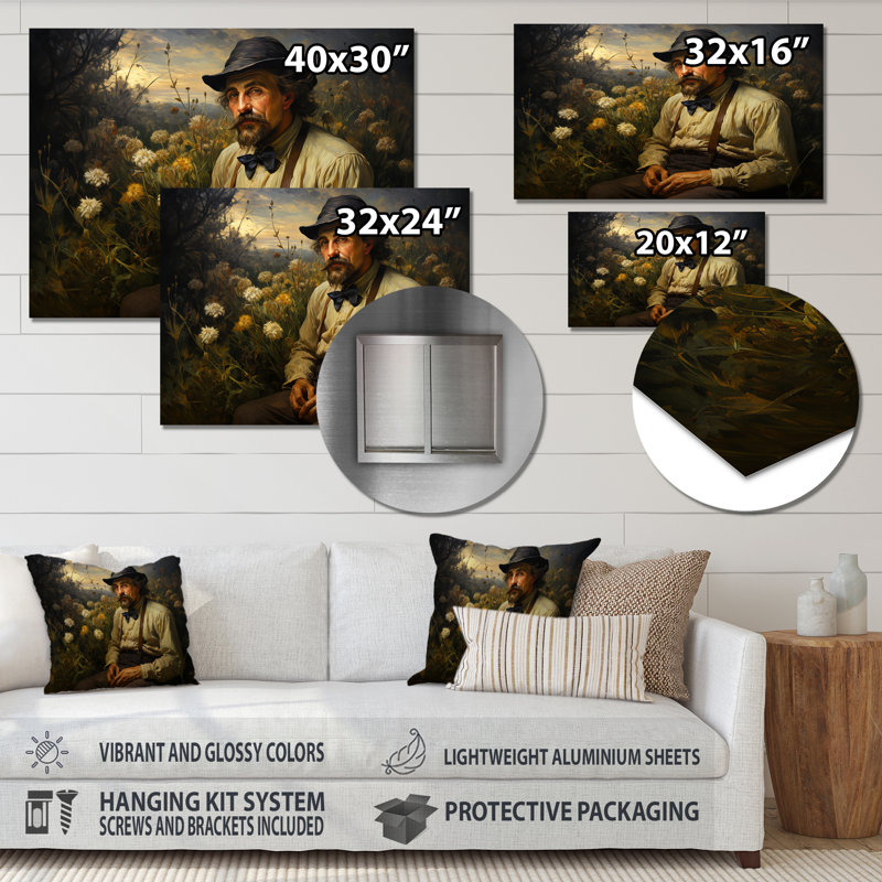 «Rustic Man with Hat In Flower Field», reproduction d'art murale, Métal métal, H 16 po x l 32 po x P 1 po