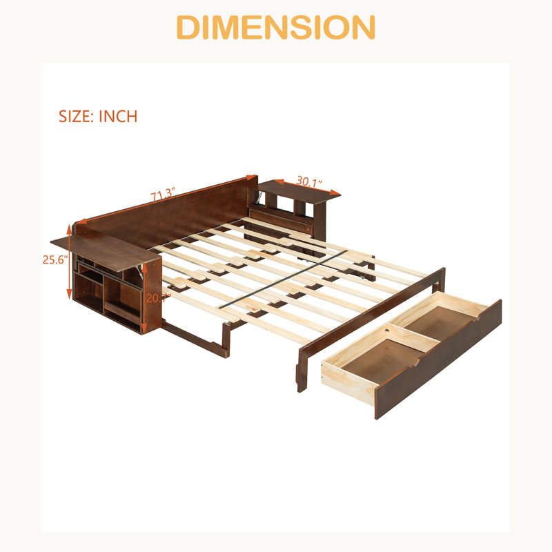 Lit de jour avec bureau amovible, tiroirs de rangement et table d'appoint hydraulique, Espresso, Grand lit