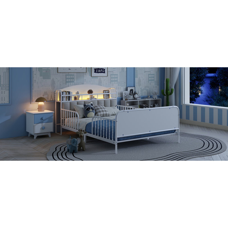 Structure de lit plateforme double en métal avec lumière, lit double en métal pour enfants avec tête de lit tapissier et rangement, blanc (date d’arrivée prévue 2025/10/5)