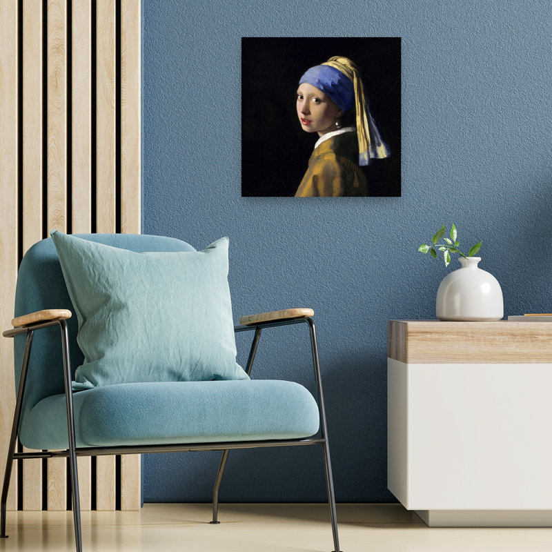 Fille avec une boucle d'oreille de perle, portrait contemporain, architecture, impression d'art mural, H 18 po x l 18 po