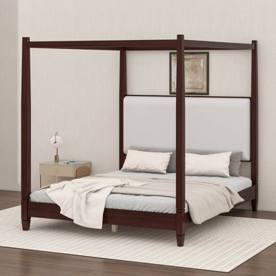 Canopy Platform Bed With Upholstery Headboard,With Wooden Slat Support Legs