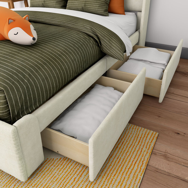 Solid Wood Upholstered Bed with Rectangular Headboard with 2 Drawer Side Storage, Queen, Cream
