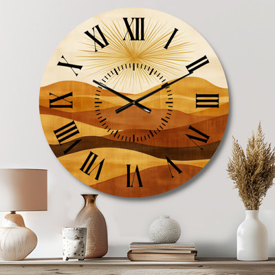 Horloge murale rétro coucher de soleil sur les lignes du désert I - Jaune de style sud-ouest en métal