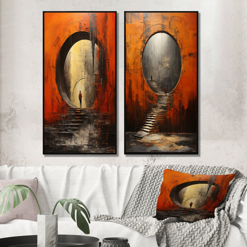 «Orange Tunnel Wall Art», ensemble de 2 pièces sur toile - Orange Tunnel Whispering Echoes Mixed, Cadre noir