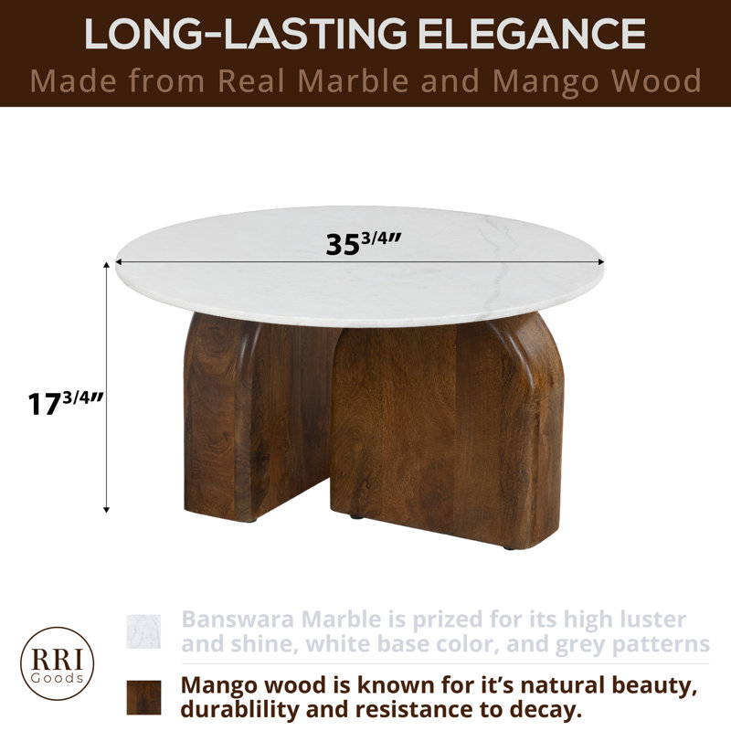 Table basse ronde en bois massif et marbre véritable 36 po