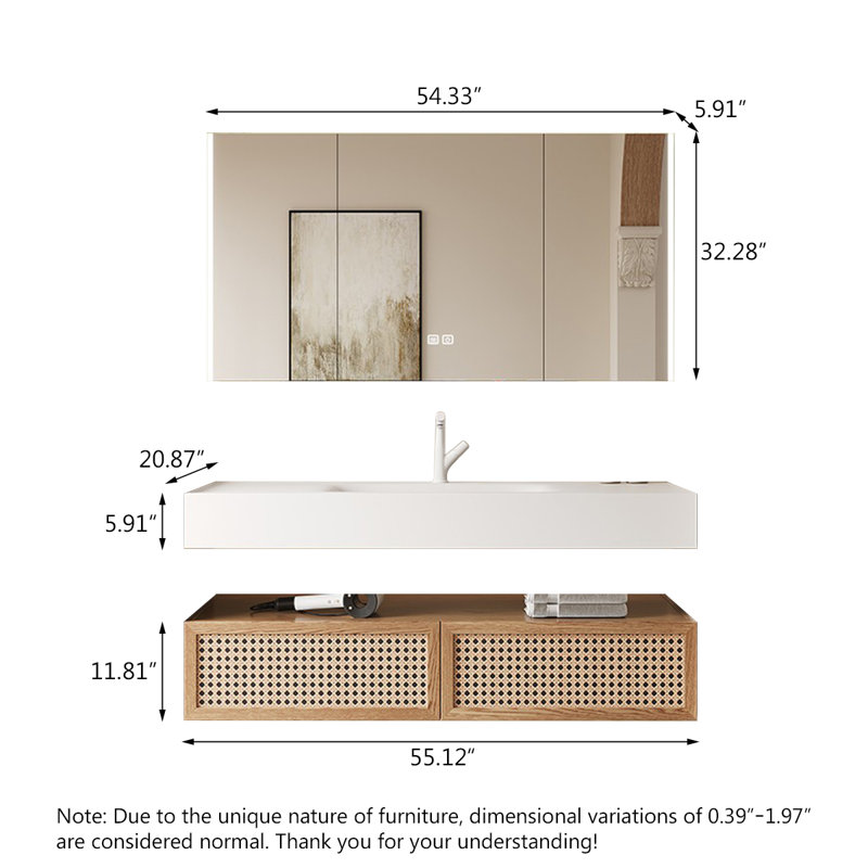 Meuble-lavabo en bois massif et en rotin, style bois, avec lavabo intégré en pierre frittée thermoformée et armoire à miroir intelligent