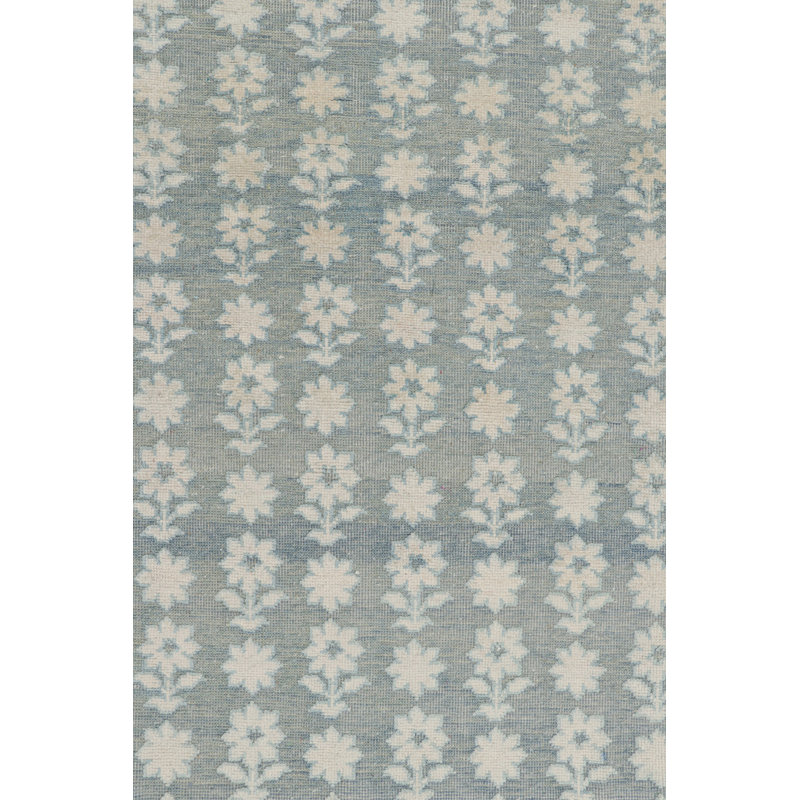 Rug & Kilim’S Modern Block Print Rug In Blue With White Floral Patterns, Runner 3' x 8'