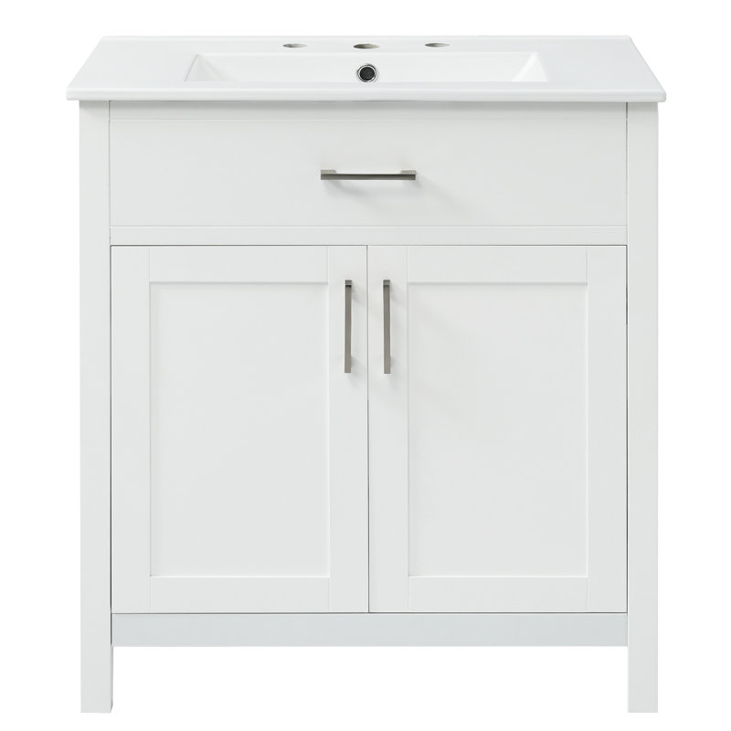 Meuble-lavabo de 30 pouces avec lavabo en céramique - bois massif +, rangement spacieux, poignées exquises pour un évier qui rehausse le style, espace de rangement, design élégant