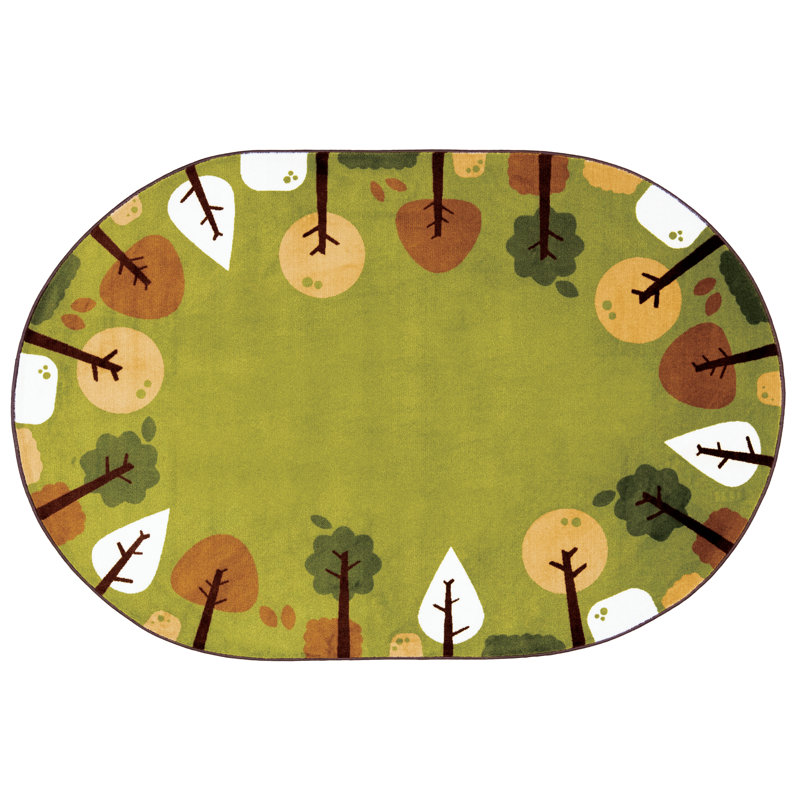 Tapis vert / brun clair / brun touffeté à motif de chambre de bébé Tranquil Trees, Oval 6 pi x 9 pi