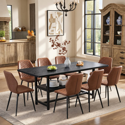9-Piece 71" Modern Rectangular Dining Table Set with Storage Shelf and Quilted Upholstered Chairs