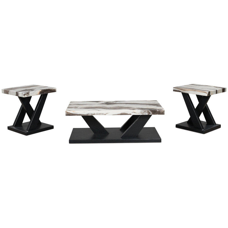 Ensemble de table basse et de table de bout 3 pièces Usim, plateau en faux marbre blanc, base en X noir