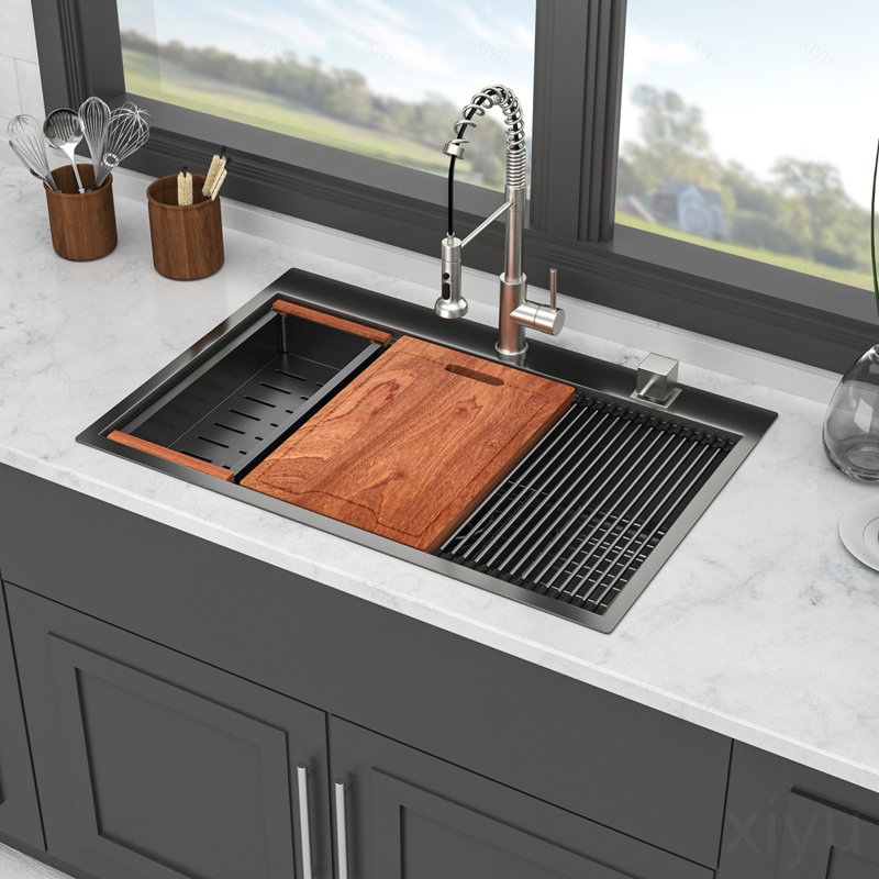 33" Drop in Kitchen Sink - 33*22*9 inch Gunmetal Black Kitchen Sink Topmount Single Bowl 16 Gauge Stainless Steel Ledge Workstation Kitchen Sinks