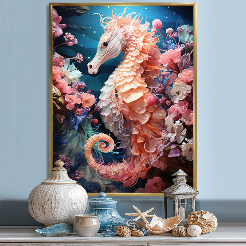 «Marine Seahorse Composition I», reproduction sur toile, H 44 po x l 34 po, Encadrement doré