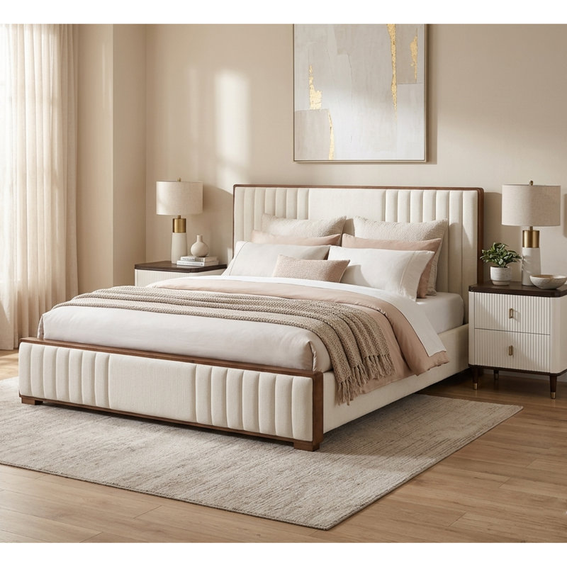 Ensemble de chambre à coucher 3 pièces rembourrée, très grand lit plateforme tapissier avec 2 tables de chevet, cadre de lit en chenille avec support à lattes de bois, ensemble de table de chevet cannelée à 2 tiroirs, finition blanche et noyer