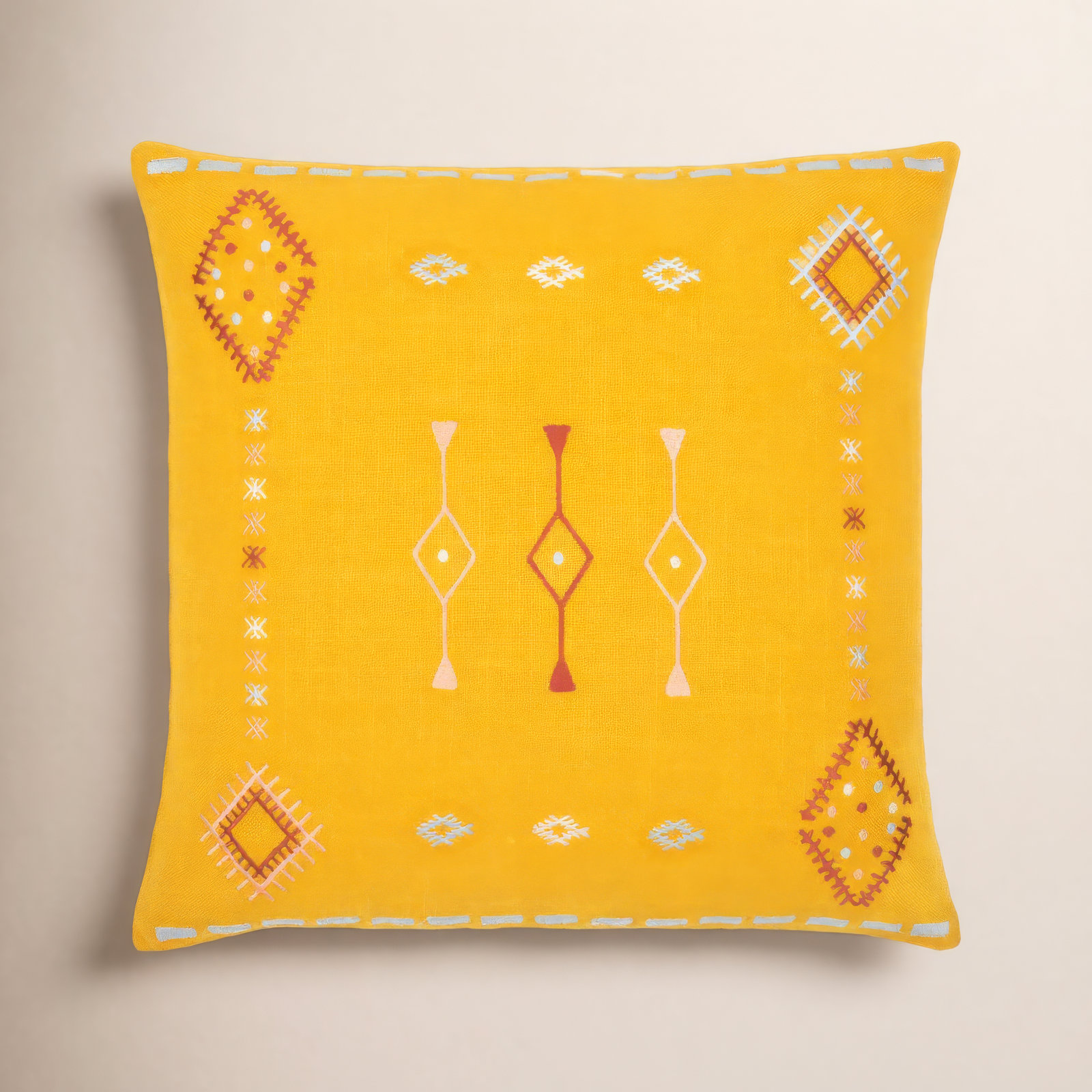 Gwyn Embroidered Cotton Pillow Cover, Mustard/Dusty Pink/Pale Blue, 20" x 20"
