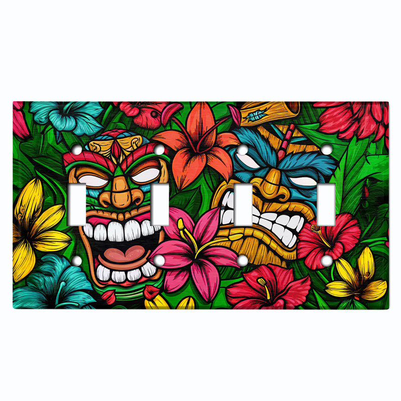 Couvercle de plaque d'interrupteur en métal; Masque tiki tropical taille US 4, # 4 Quad bascule