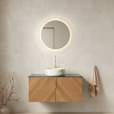 Arai 36" Bathroom Vanity With Sink, Wall-Mounted Plywood Bathroom Storage Cabinet With Double Doors, Black Sintered Stone Countertop And White Round Ceramic Vessel Basin, 