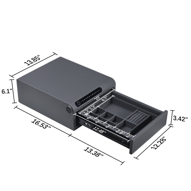 Coffre-fort à bijoux biométrique à empreinte digitale pour la maison, H 6,1 po x l 18,3 po x P 15,3 po, Cuir gris