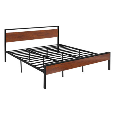 King Size Bed Frame, 14 Inch Black Metal Platform Bed Frame with Retro Brown Wooden Headboard and Footboard, Large Under-Bed Storage, Non-Slip Without Noise, No Box Spring Needed, Easy Assembly