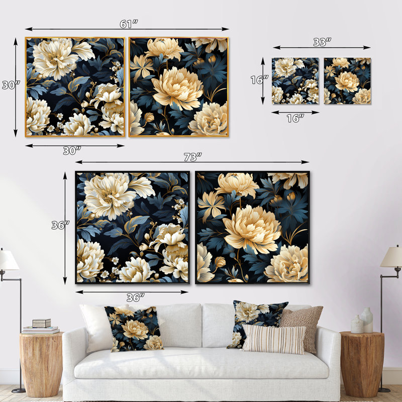 Lilya - Ensemble de 2 collages carrés floraux, Cadre flottant noir, H 30 po x l 61 po