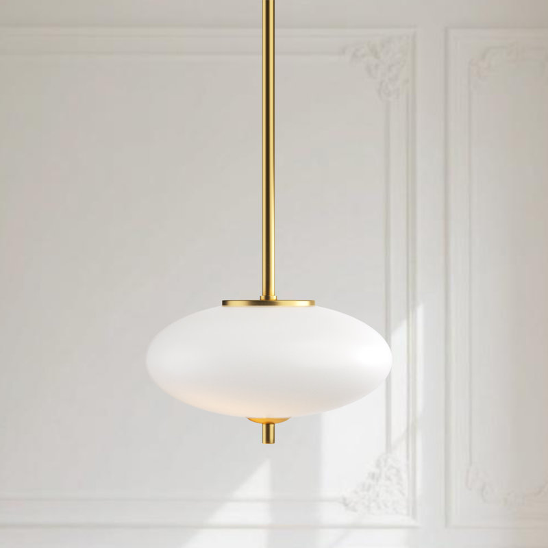 Lustre moderne à 1 lumière DEL en laiton pour couloir / îlot de cuisine Parlait. Abat-jour en verre blanc., Doré
