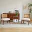 [Ensemble de 2] Méridienne beige moderne avec dossier tissé, structure en bois robuste, sièges d'appoint minimalistes et élégants pour le salon, la chambre à coucher ou le bureau