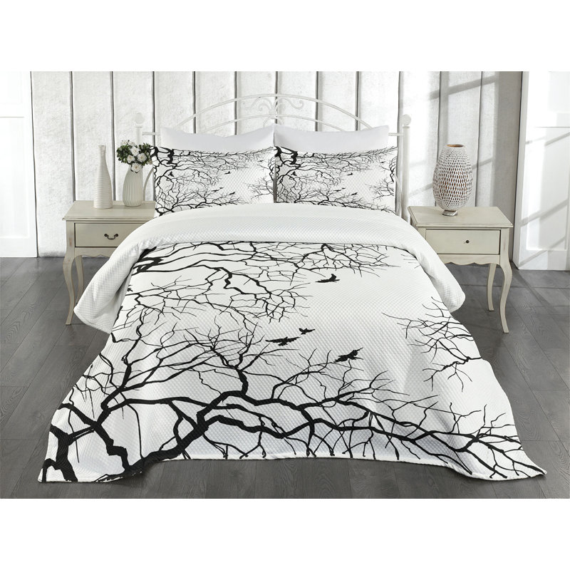 King Size Black and White Tree Branch Quilted Bedspread Set