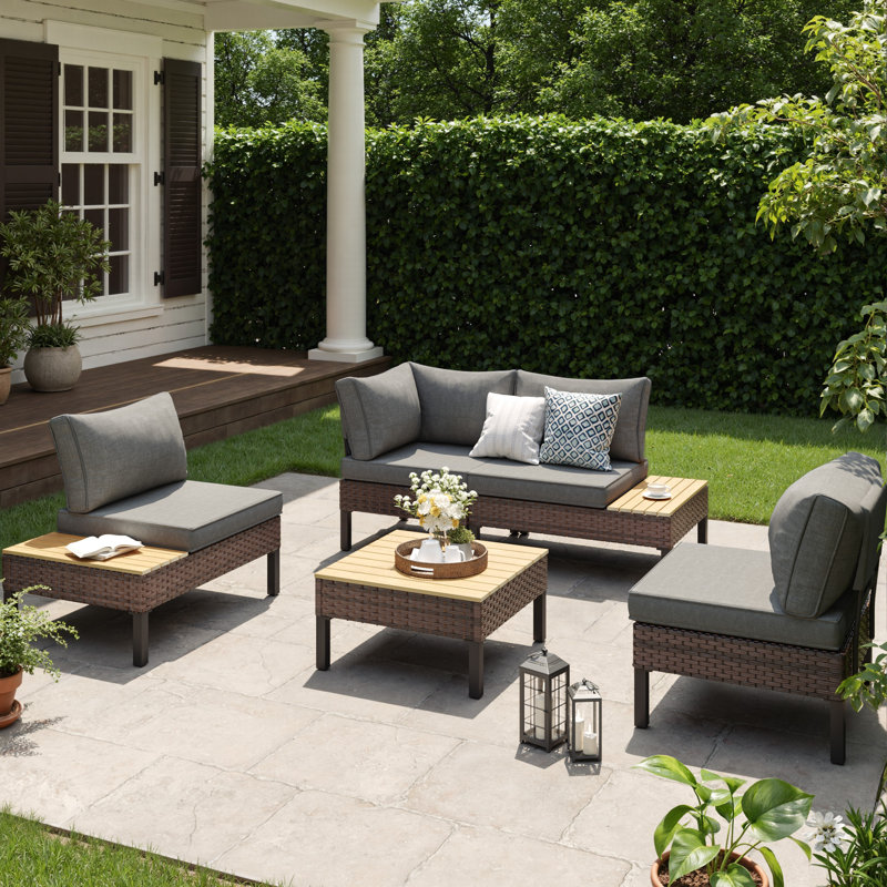 L-Shaped Rattan Outdoor Patio Sofa Set, Gray, 4