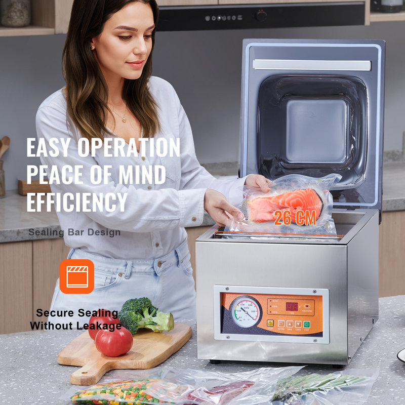 Machine sous vide à cloche, puissance de 260 W, format compact avec une longueur de scellage de 26 cm, idéale pour la cuisine domestique, pour emballer sous vide les aliments humides, la viande, les marinades et bien plus encore.