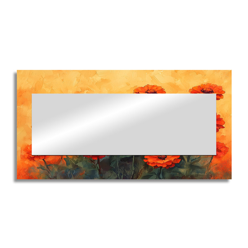 Zinnias Sunrise Orange Hues I - Floral Accent Wall Mirror - Printed On Metal, 28" x 55"