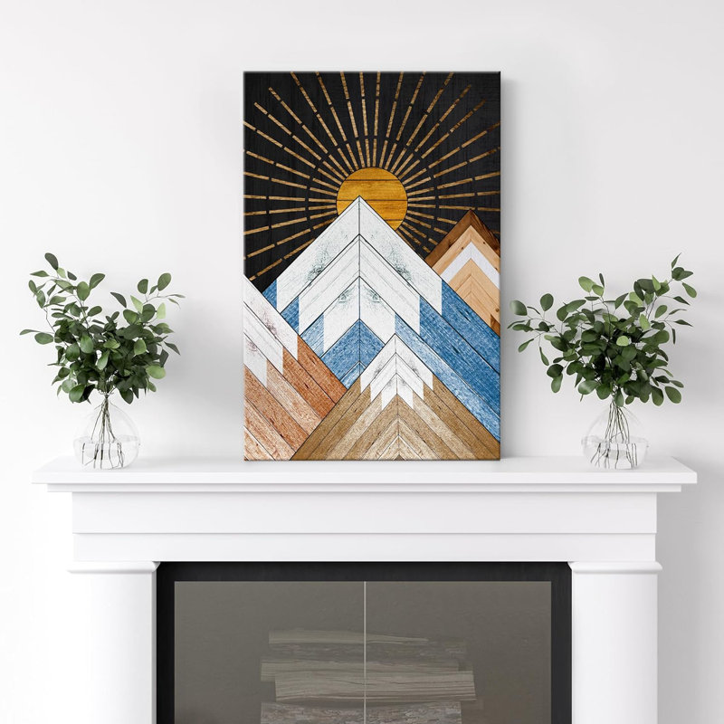 «Western Wood Effect Landscape», soleil brillant, chaîne de montagnes, art moderne occidental, impression sur toile
