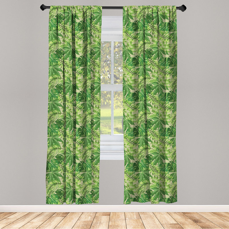 Green Leaf Patterned Light Filtering Rod Pocket Curtain Panels