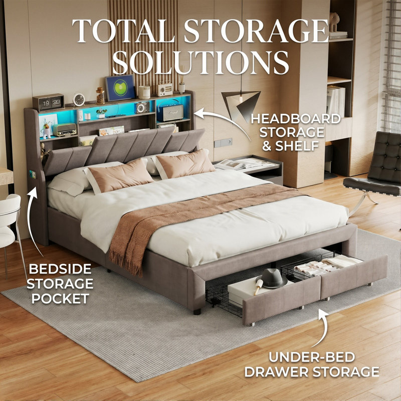 European Double & King Upholstered Storage Bed with LED Headboard, Linen Bed Frame with Hidden Storage & Drawers, Grey Linen