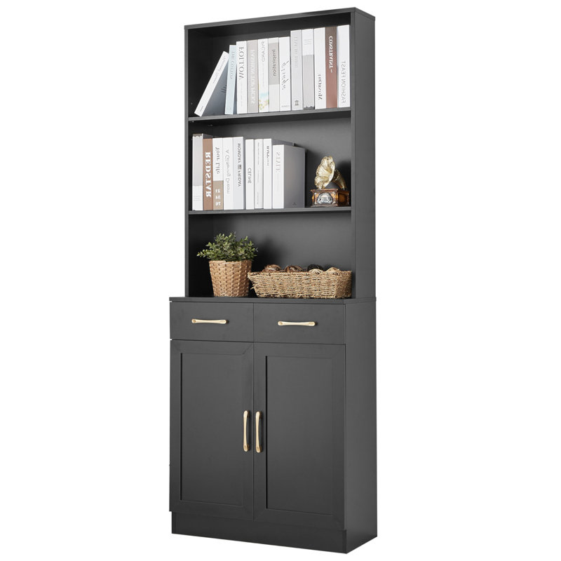 Armoire de rangement pour salle de bain avec deux portes, tiroirs, tablette réglable et tablette ouverte à trois couches, panneau de fibres à densité moyenne