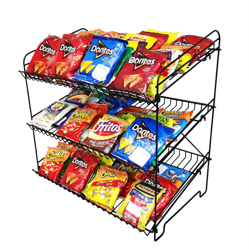 Poillucci 24" W X 14.9" D X 23.2" H 3-Open-Shelf Wire Rack for Countertop Chips Snack Book Display Organizer, black