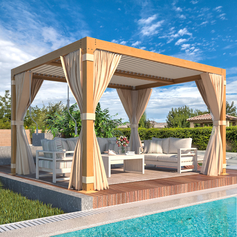 Aluminum Pergola, Wood Grain Aluminum Pergola with Adjustable Rainproof Louver, 12 ft. W x 10 ft. D