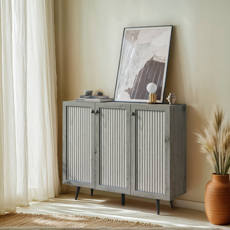 3 Door Wooden Storage Cabinet with Adjustable Shelves for Living Room, Kitchen, and Hallway, Dark Gray