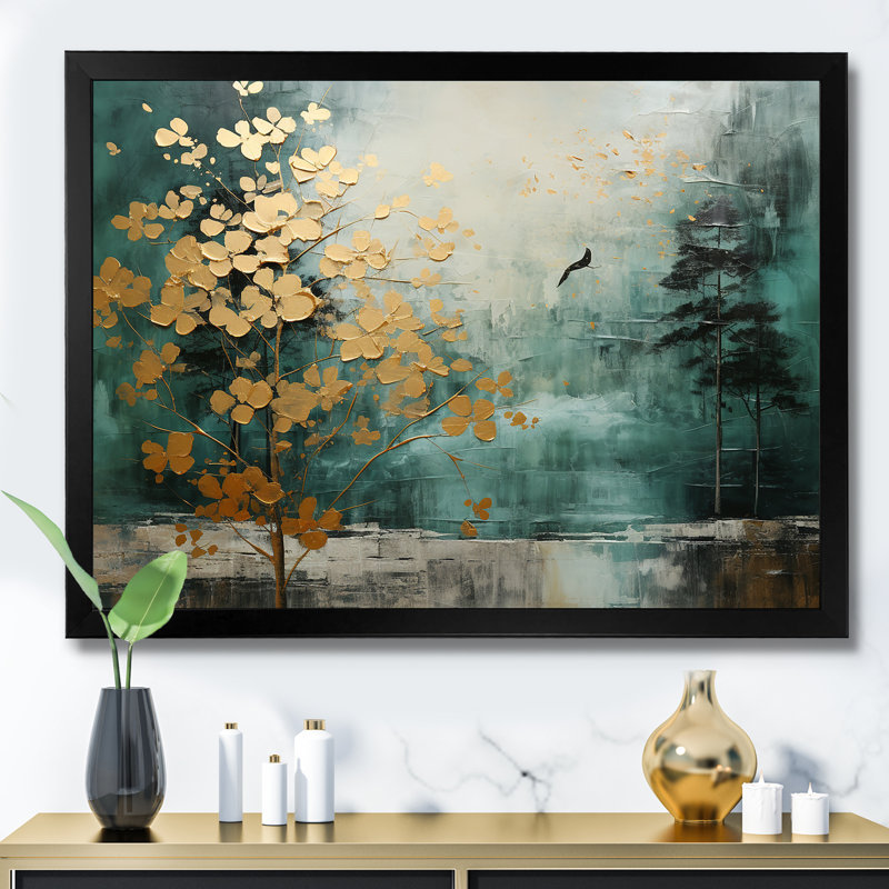 «Golden Emerald Forest - Abstract Spirals», art encadré, Cadre simple noir, H 12 po x l 20 po x P 1 po