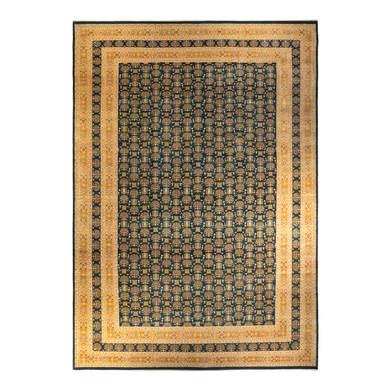 Tapis traditionnel en laine noué à la main vert Hayner 12 pi 4 po x 17 pi 10 po