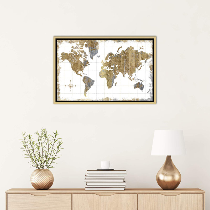 Carte dorée - impression d'art graphique, H 18 po x l 26 po x P 1,5 po, Toile encadrée d'or