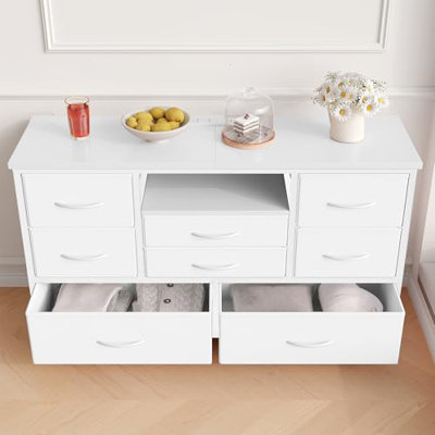 8 Drawer TV Stand for 55" TV, Wood Top Console Table with 22 Light Modes, Wide Storage Chest with Power Outlets for Bedroom, Living Room