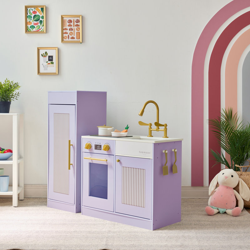 Teamson Kids Little Chef Chester Wooden Play Kitchen with Large Fridge, Sink and 12-Piece Accessory Set, Purple