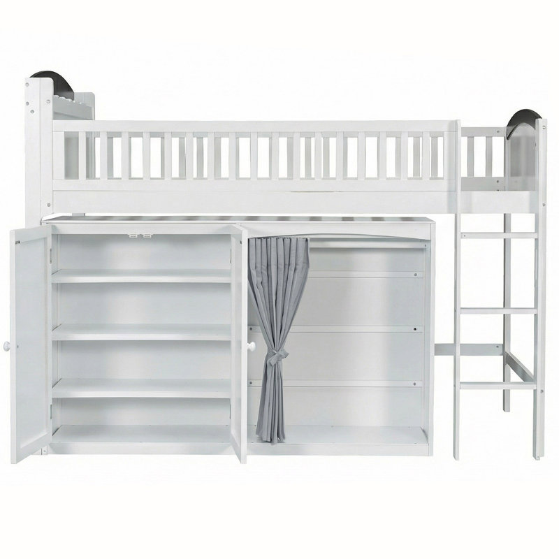 Lit mezzanine avec armoire de rangement, garde-robe et DEL, Blanc, Lit simple